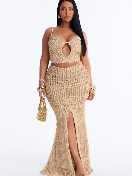 Fashion Nova Dresses & Skirts - Fashion Nova Kelsey Beige Textured Two-Piece Maxi Skirt Set Sz L
